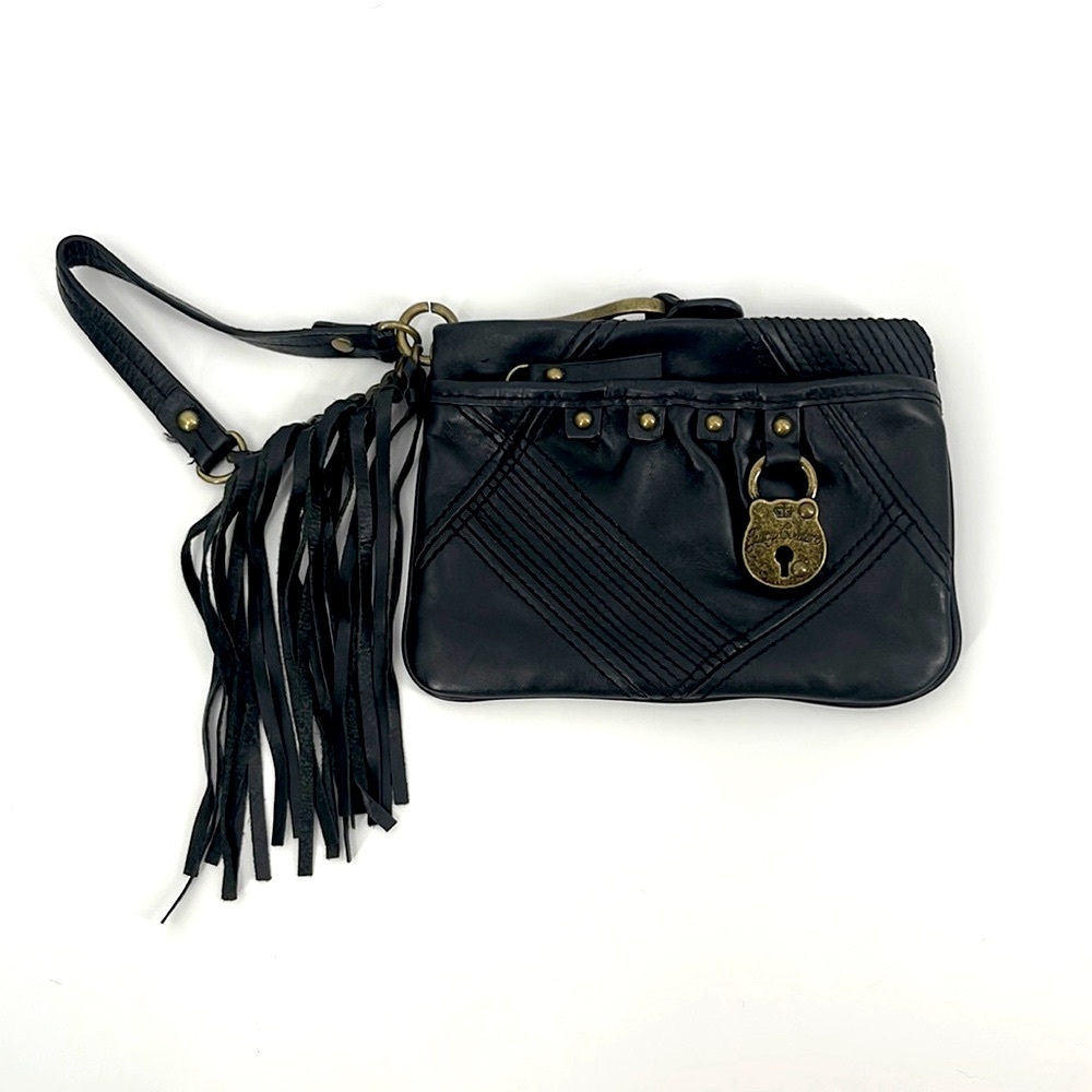 Juicy Couture Black Fringe Wristlet Clutch with Brass Padlock Accent